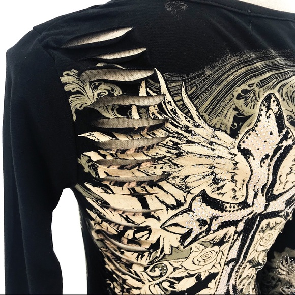 Rhinestone embellished cross w/ wings, long sleeve, slashed peekaboo back Harley - Picture 5 of 7